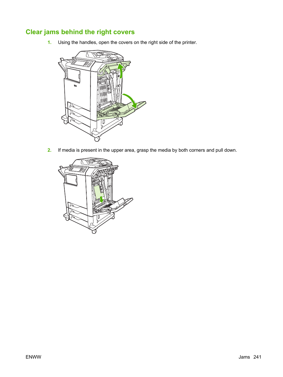 Clear jams behind the right covers | HP Color LaserJet CM4730 Multifunction Printer series User Manual | Page 257 / 370