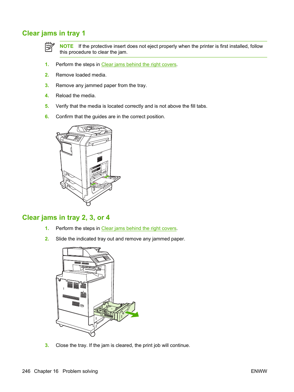 Clear jams in tray 1, Clear jams in tray 2, 3, or 4, Clear jams in tray 1 clear jams in tray 2, 3, or 4 | HP Color LaserJet CM4730 Multifunction Printer series User Manual | Page 262 / 370