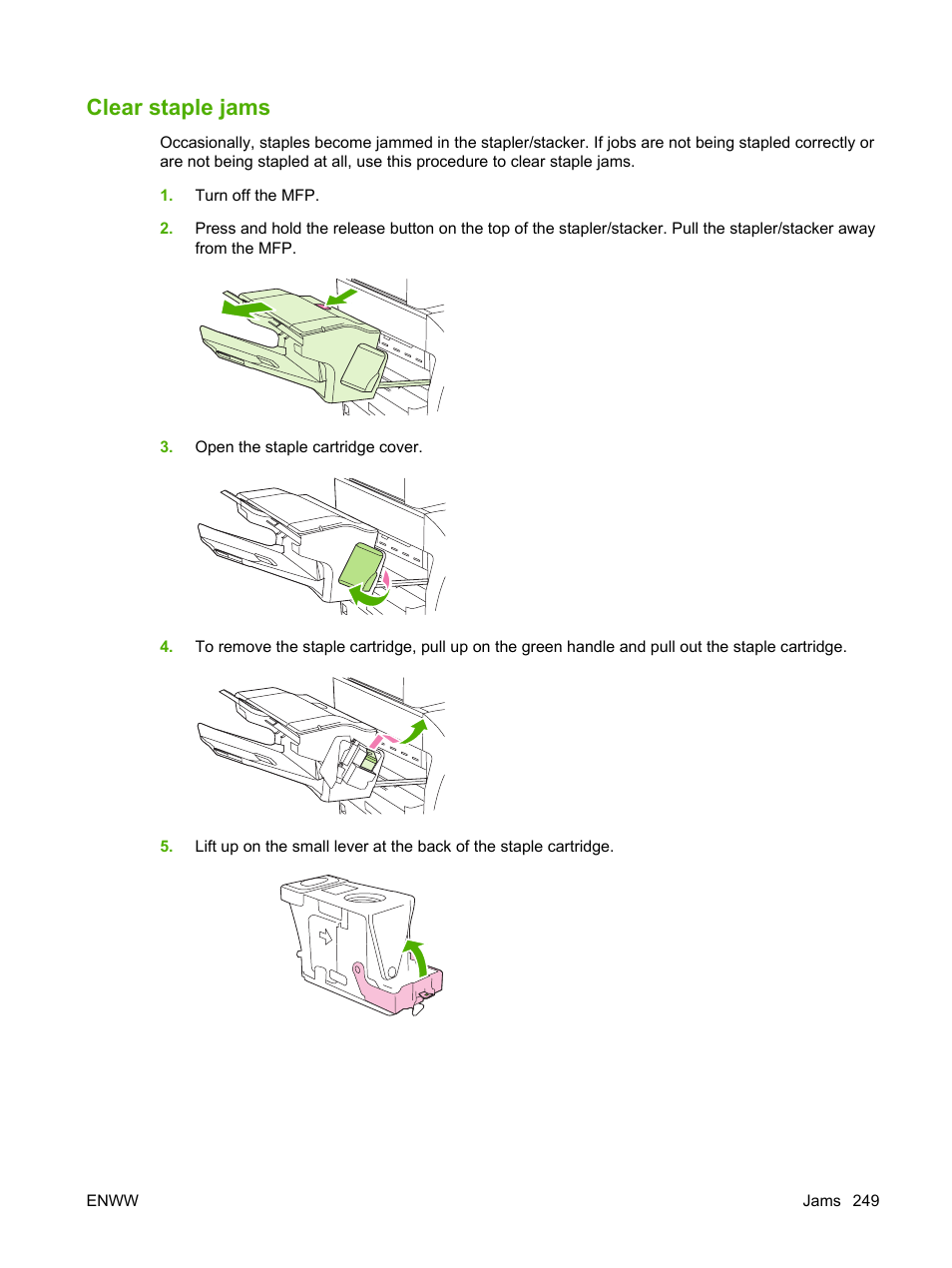 Clear staple jams | HP Color LaserJet CM4730 Multifunction Printer series User Manual | Page 265 / 370