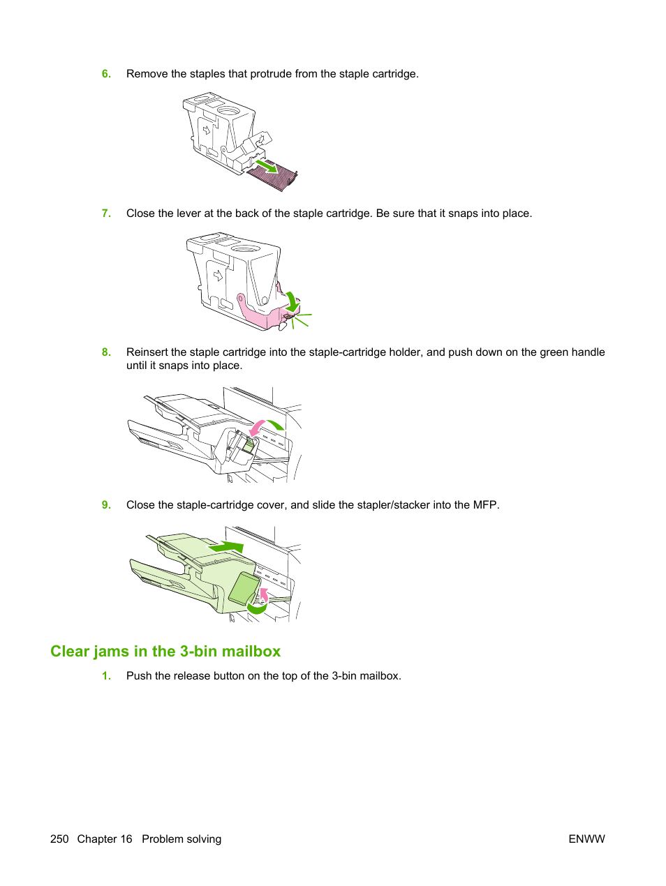 Clear jams in the 3-bin mailbox | HP Color LaserJet CM4730 Multifunction Printer series User Manual | Page 266 / 370