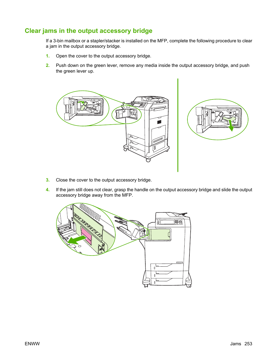 Clear jams in the output accessory bridge | HP Color LaserJet CM4730 Multifunction Printer series User Manual | Page 269 / 370