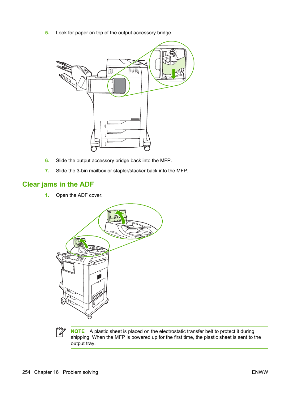 Clear jams in the adf | HP Color LaserJet CM4730 Multifunction Printer series User Manual | Page 270 / 370