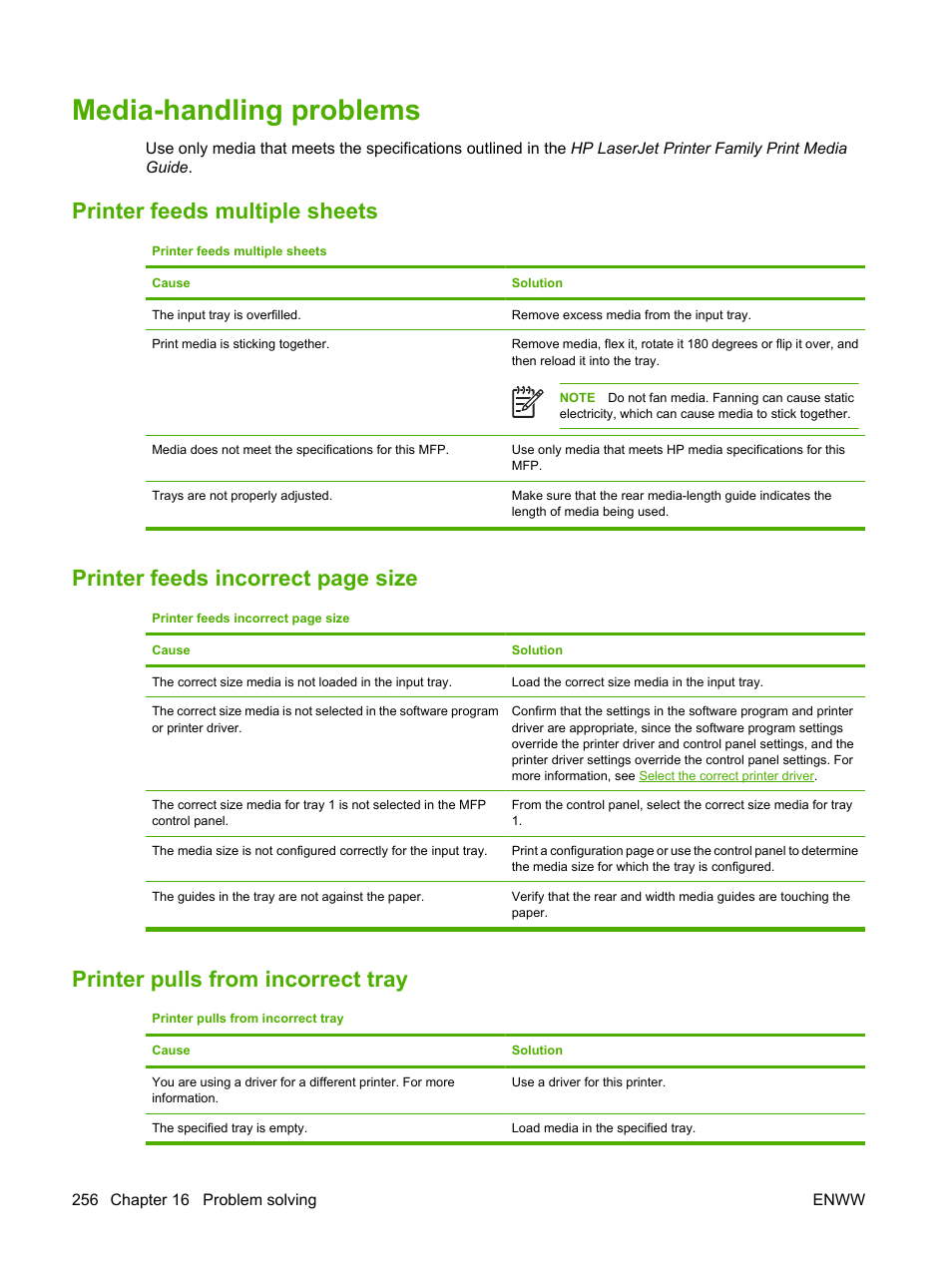 Media-handling problems, Printer feeds multiple sheets, Printer pulls from incorrect tray | Printer feeds incorrect page size | HP Color LaserJet CM4730 Multifunction Printer series User Manual | Page 272 / 370