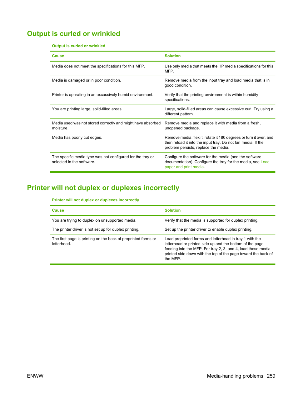 Output is curled or wrinkled, Printer will not duplex or duplexes incorrectly | HP Color LaserJet CM4730 Multifunction Printer series User Manual | Page 275 / 370