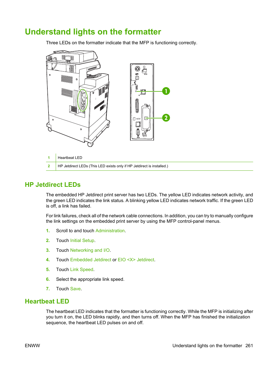 Understand lights on the formatter, Hp jetdirect leds, Heartbeat led | Hp jetdirect leds heartbeat led | HP Color LaserJet CM4730 Multifunction Printer series User Manual | Page 277 / 370