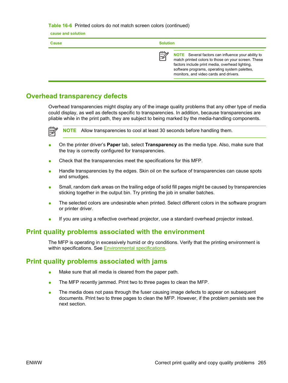 Overhead transparency defects, Print quality problems associated with jams | HP Color LaserJet CM4730 Multifunction Printer series User Manual | Page 281 / 370