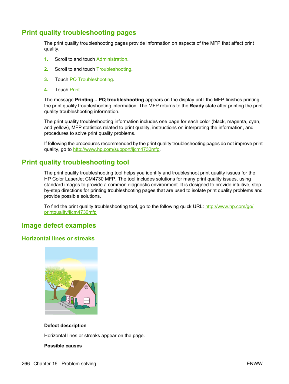 Print quality troubleshooting tool, Image defect examples, Horizontal lines or streaks | Print quality troubleshooting pages | HP Color LaserJet CM4730 Multifunction Printer series User Manual | Page 282 / 370