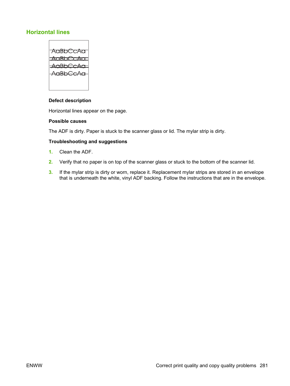 Horizontal lines | HP Color LaserJet CM4730 Multifunction Printer series User Manual | Page 297 / 370