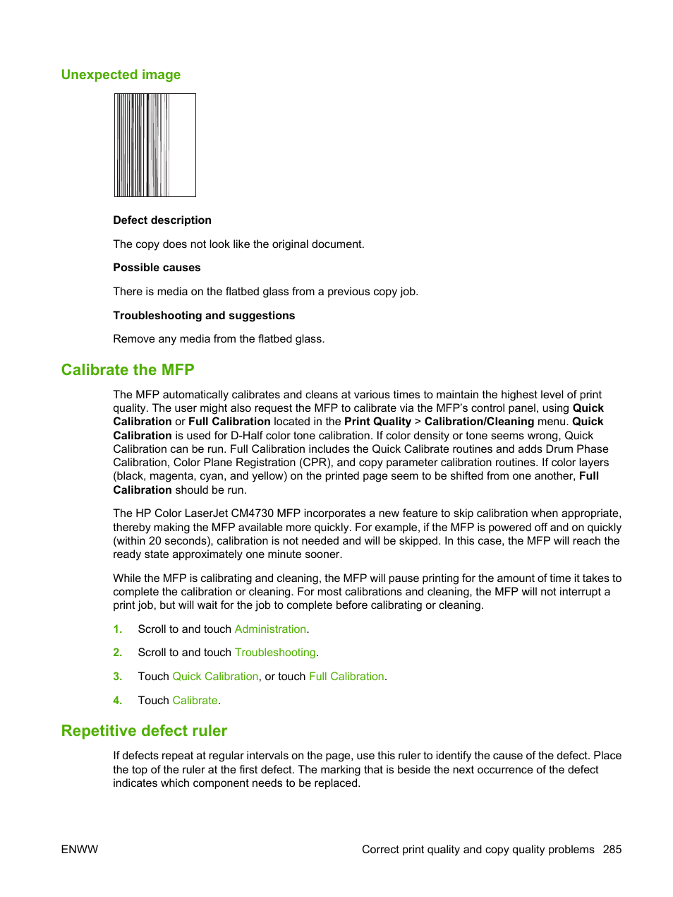 Unexpected image, Calibrate the mfp, Repetitive defect ruler | Calibrate the mfp repetitive defect ruler | HP Color LaserJet CM4730 Multifunction Printer series User Manual | Page 301 / 370