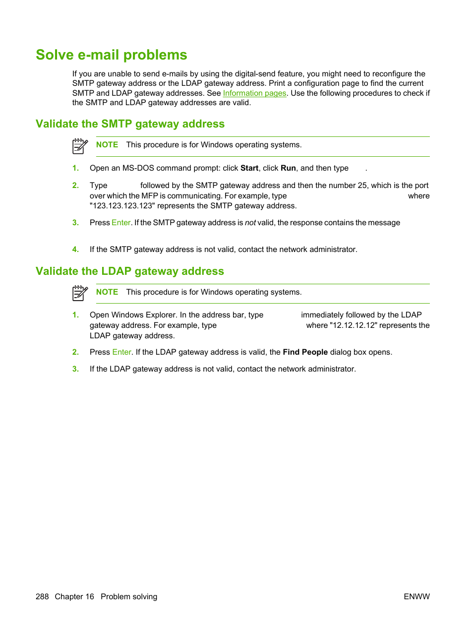 Solve e-mail problems, Validate the smtp gateway address, Validate the ldap gateway address | HP Color LaserJet CM4730 Multifunction Printer series User Manual | Page 304 / 370