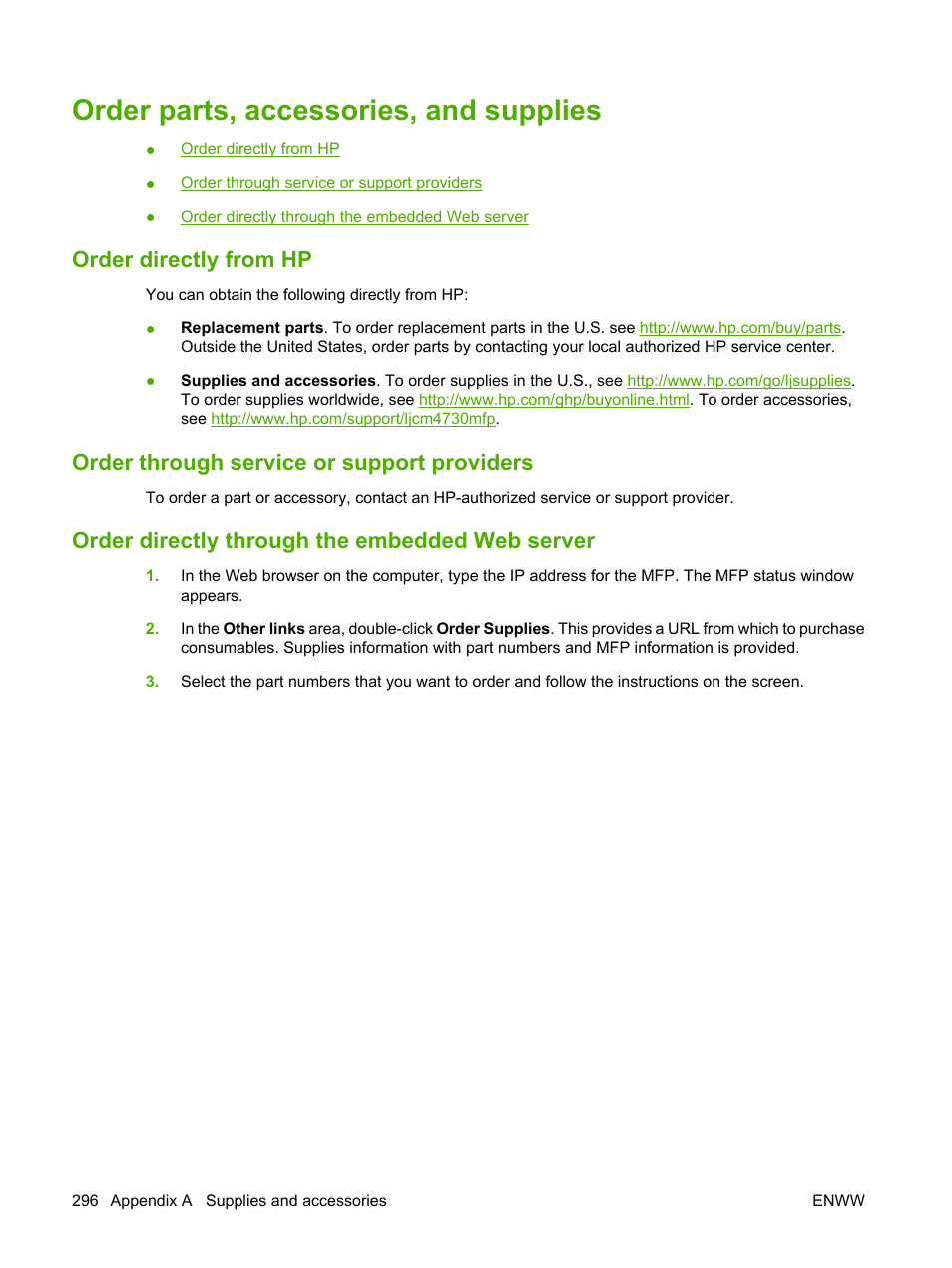 Order parts, accessories, and supplies, Order directly from hp, Order through service or support providers | Order directly through the embedded web server | HP Color LaserJet CM4730 Multifunction Printer series User Manual | Page 312 / 370