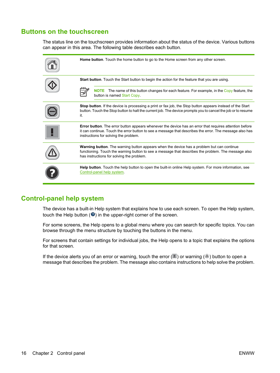 Buttons on the touchscreen, Control-panel help system | HP Color LaserJet CM4730 Multifunction Printer series User Manual | Page 32 / 370