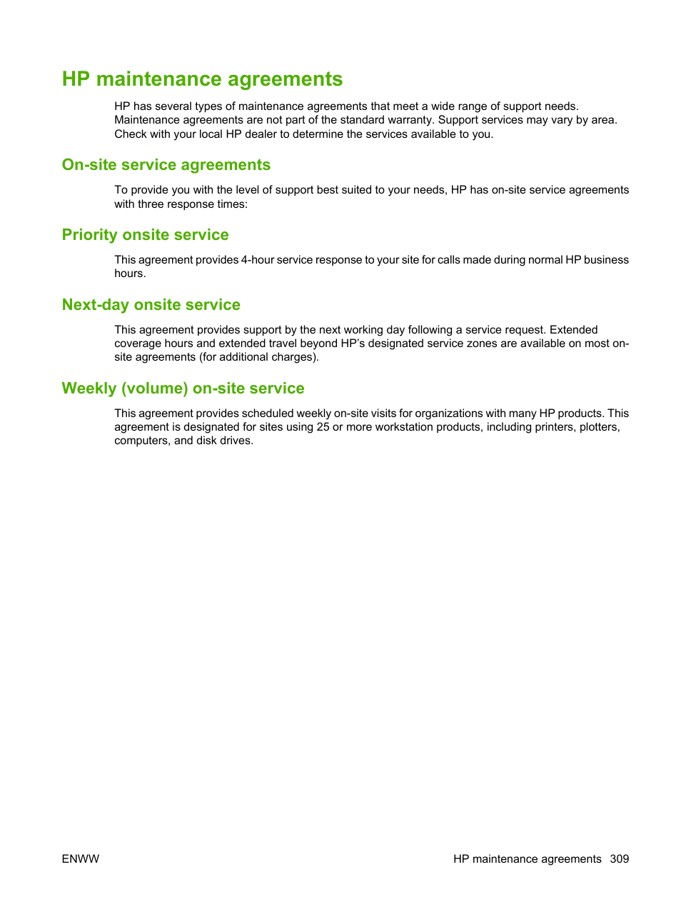 Hp maintenance agreements, On-site service agreements, Priority onsite service | Next-day onsite service, Weekly (volume) on-site service | HP Color LaserJet CM4730 Multifunction Printer series User Manual | Page 325 / 370