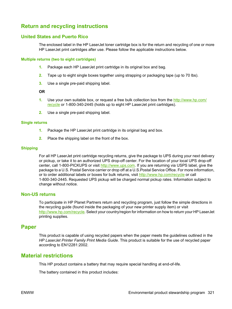 Return and recycling instructions, United states and puerto rico, Multiple returns (two to eight cartridges) | Single returns, Shipping, Non-us returns, Paper, Material restrictions, Paper material restrictions | HP Color LaserJet CM4730 Multifunction Printer series User Manual | Page 337 / 370