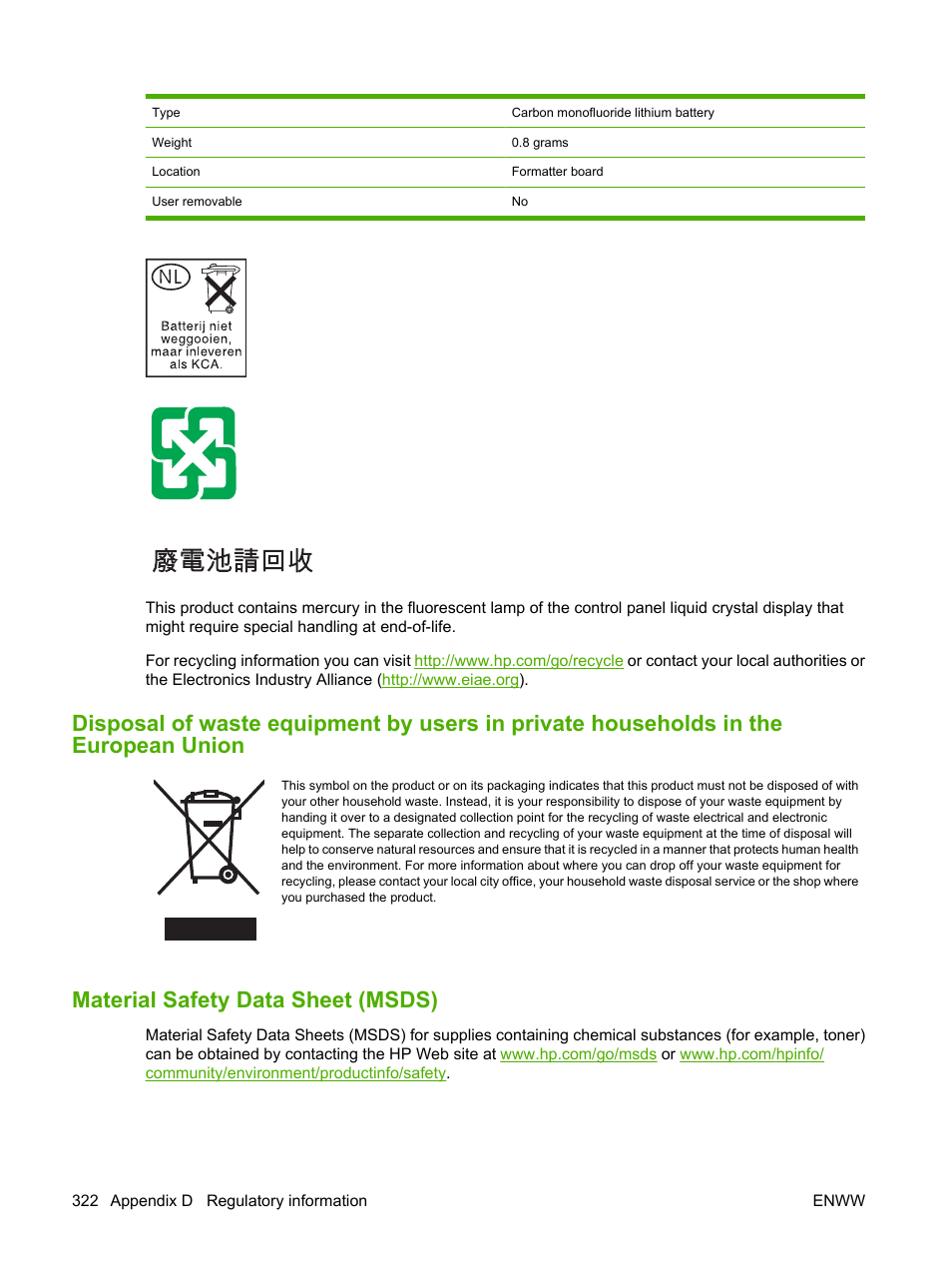 Material safety data sheet (msds) | HP Color LaserJet CM4730 Multifunction Printer series User Manual | Page 338 / 370