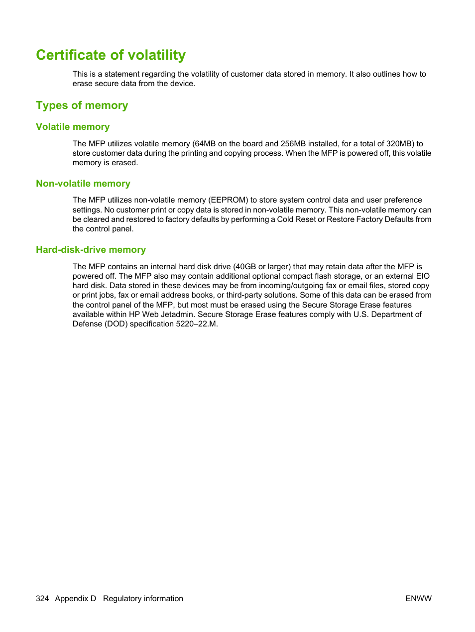 Certificate of volatility, Types of memory, Volatile memory | Non-volatile memory, Hard-disk-drive memory | HP Color LaserJet CM4730 Multifunction Printer series User Manual | Page 340 / 370