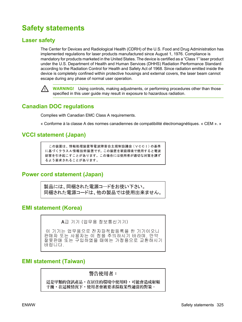 Safety statements, Laser safety, Canadian doc regulations | Vcci statement (japan), Power cord statement (japan), Emi statement (korea), Emi statement (taiwan) | HP Color LaserJet CM4730 Multifunction Printer series User Manual | Page 341 / 370