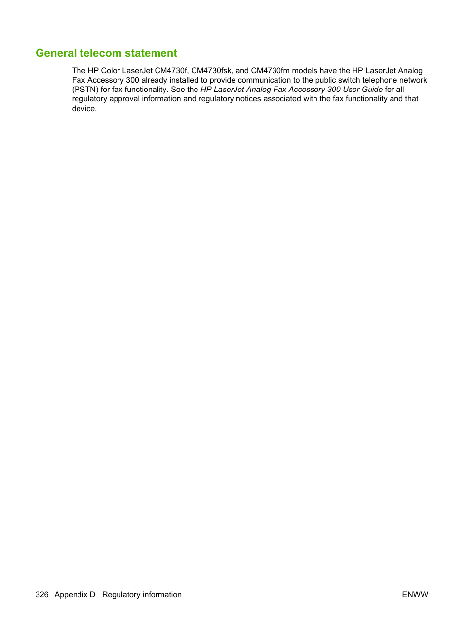 General telecom statement | HP Color LaserJet CM4730 Multifunction Printer series User Manual | Page 342 / 370