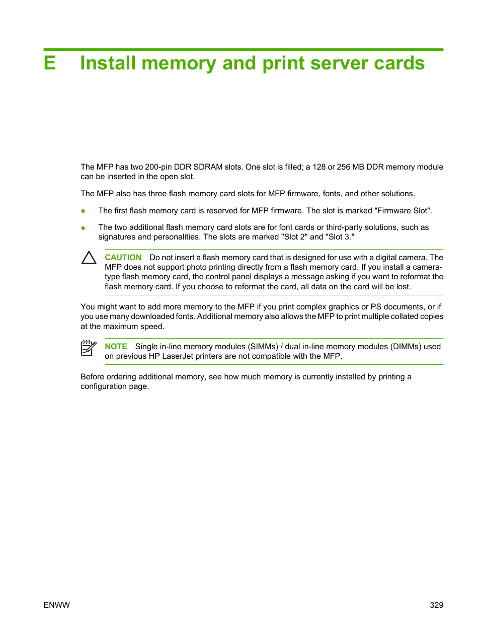 Install memory and print server cards, Appendix e install memory and print server cards | HP Color LaserJet CM4730 Multifunction Printer series User Manual | Page 345 / 370