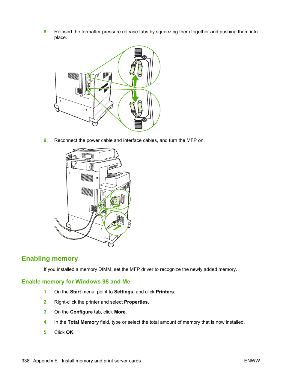 Enabling memory, Enable memory for windows 98 and me | HP Color LaserJet CM4730 Multifunction Printer series User Manual | Page 354 / 370
