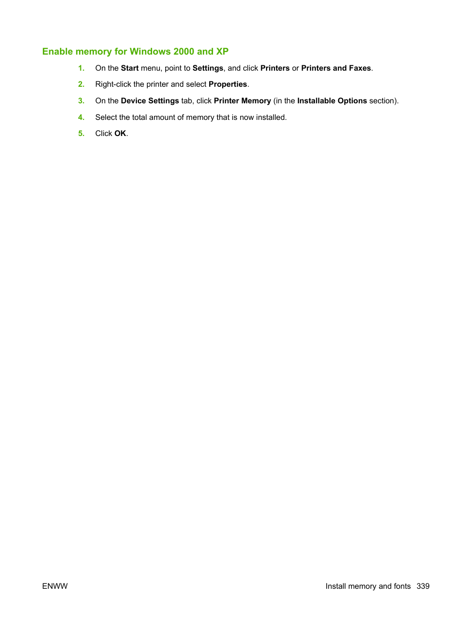 Enable memory for windows 2000 and xp | HP Color LaserJet CM4730 Multifunction Printer series User Manual | Page 355 / 370