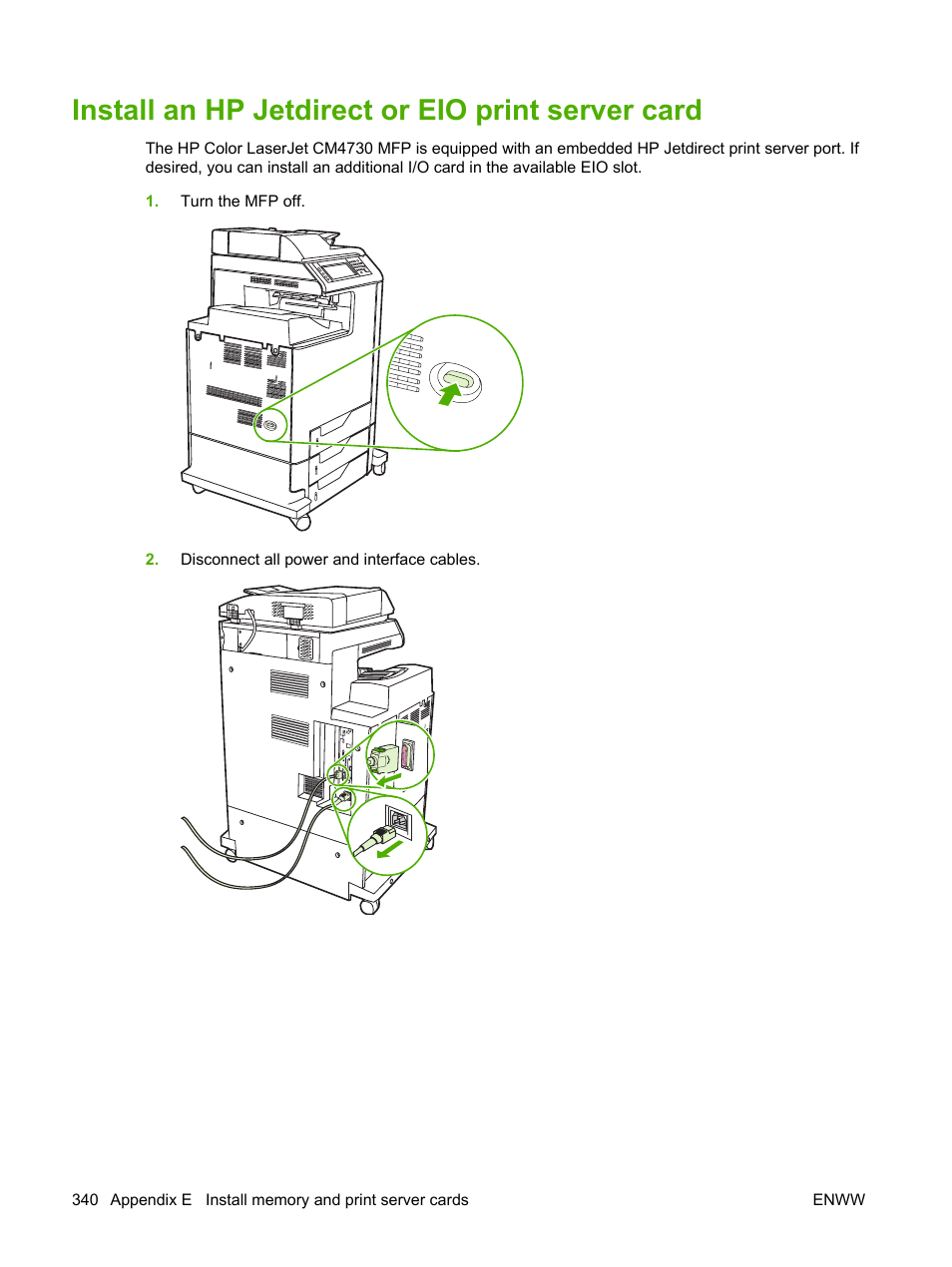 Install an hp jetdirect or eio print server card | HP Color LaserJet CM4730 Multifunction Printer series User Manual | Page 356 / 370