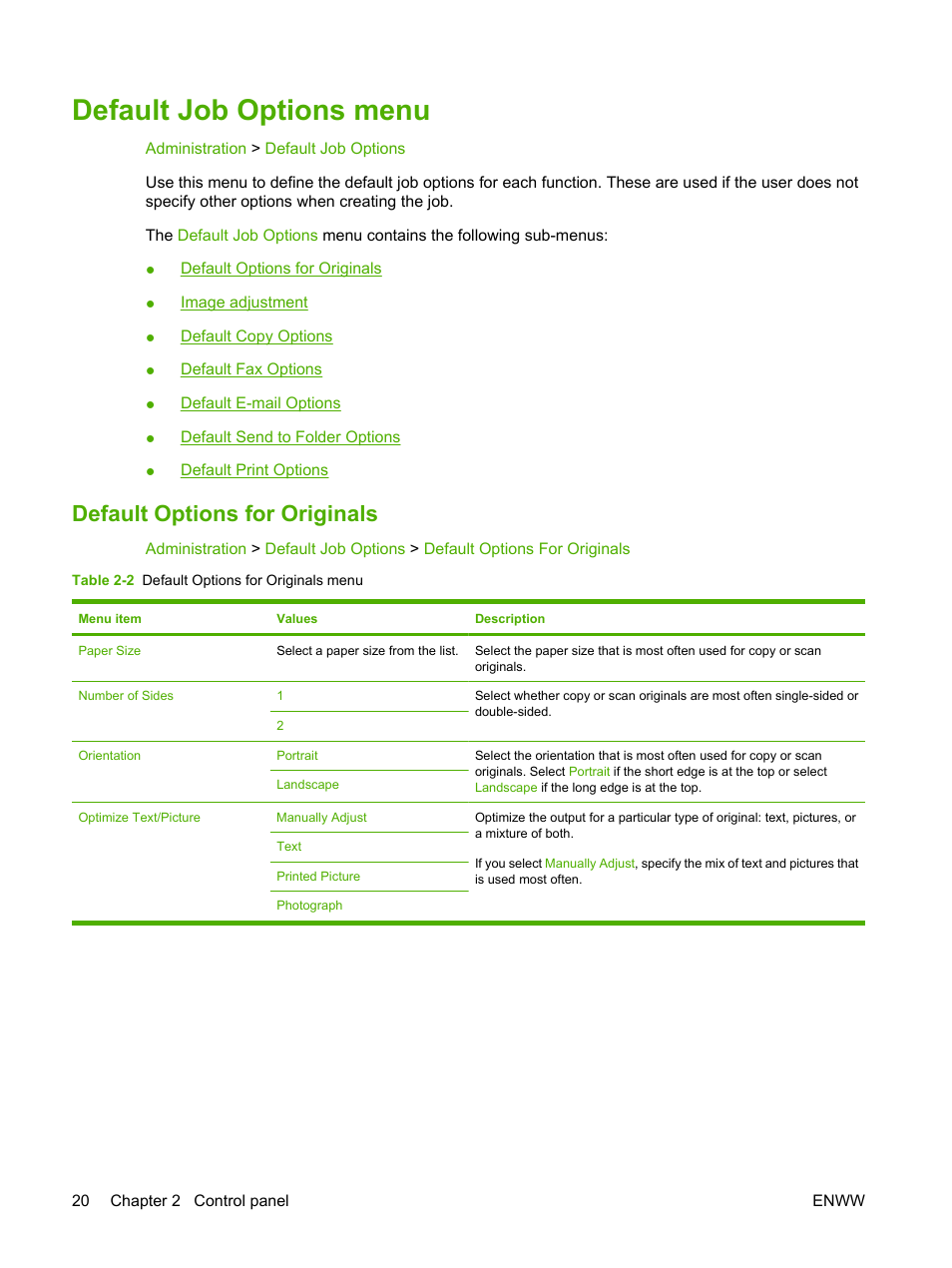 Default job options menu, Default options for originals | HP Color LaserJet CM4730 Multifunction Printer series User Manual | Page 36 / 370