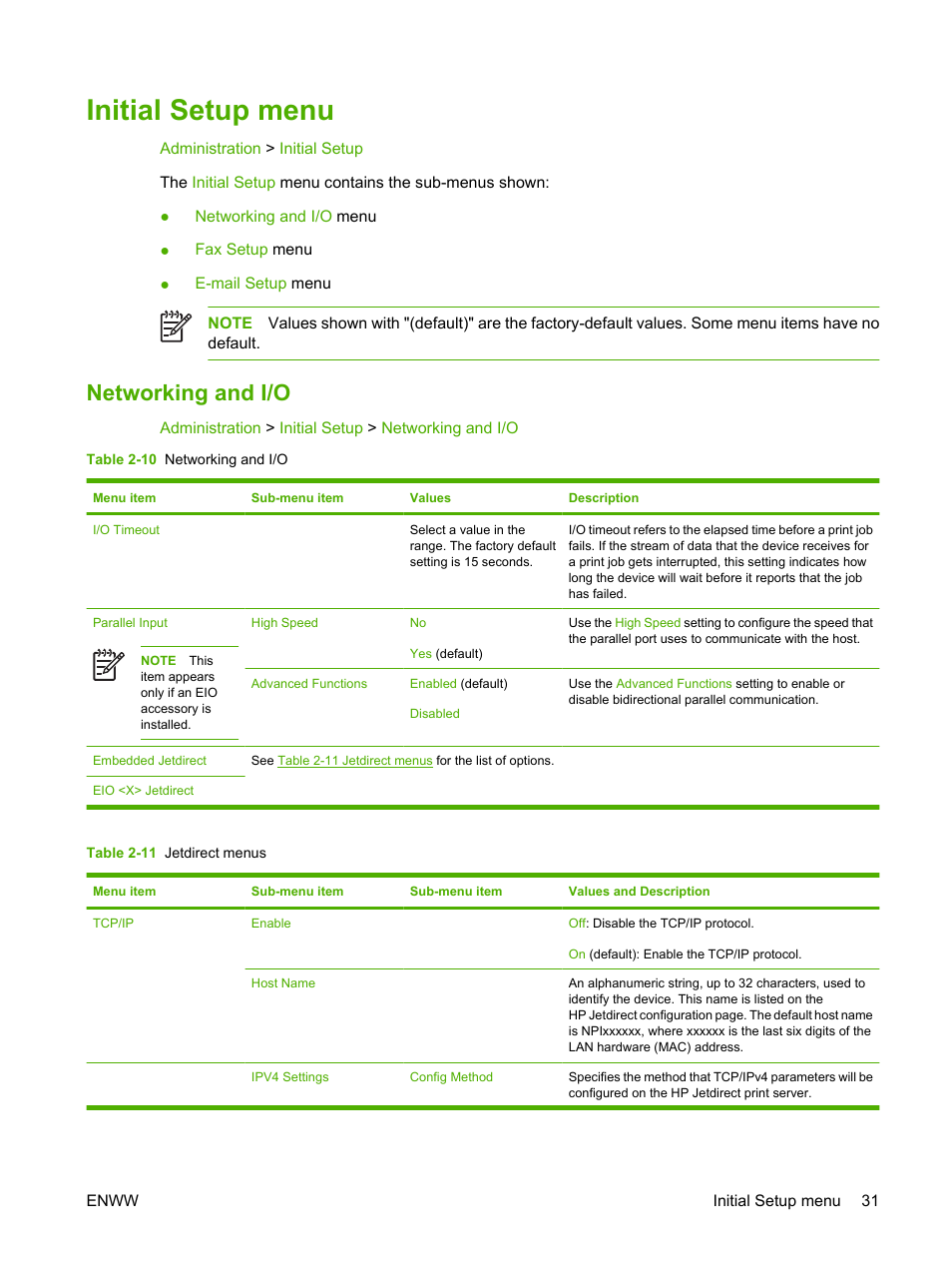 Initial setup menu, Networking and i/o | HP Color LaserJet CM4730 Multifunction Printer series User Manual | Page 47 / 370