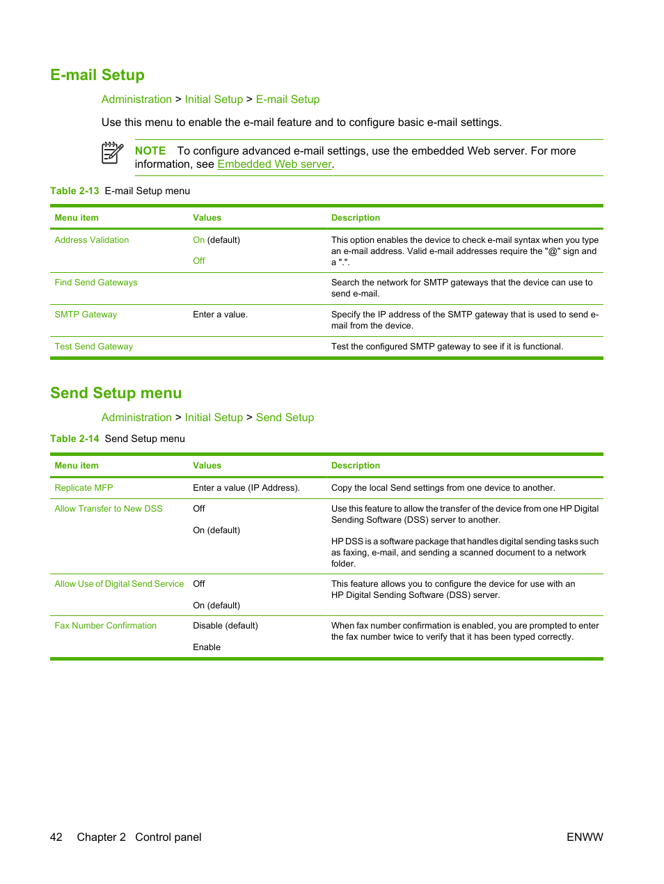E-mail setup, Send setup menu, E-mail setup send setup menu | HP Color LaserJet CM4730 Multifunction Printer series User Manual | Page 58 / 370