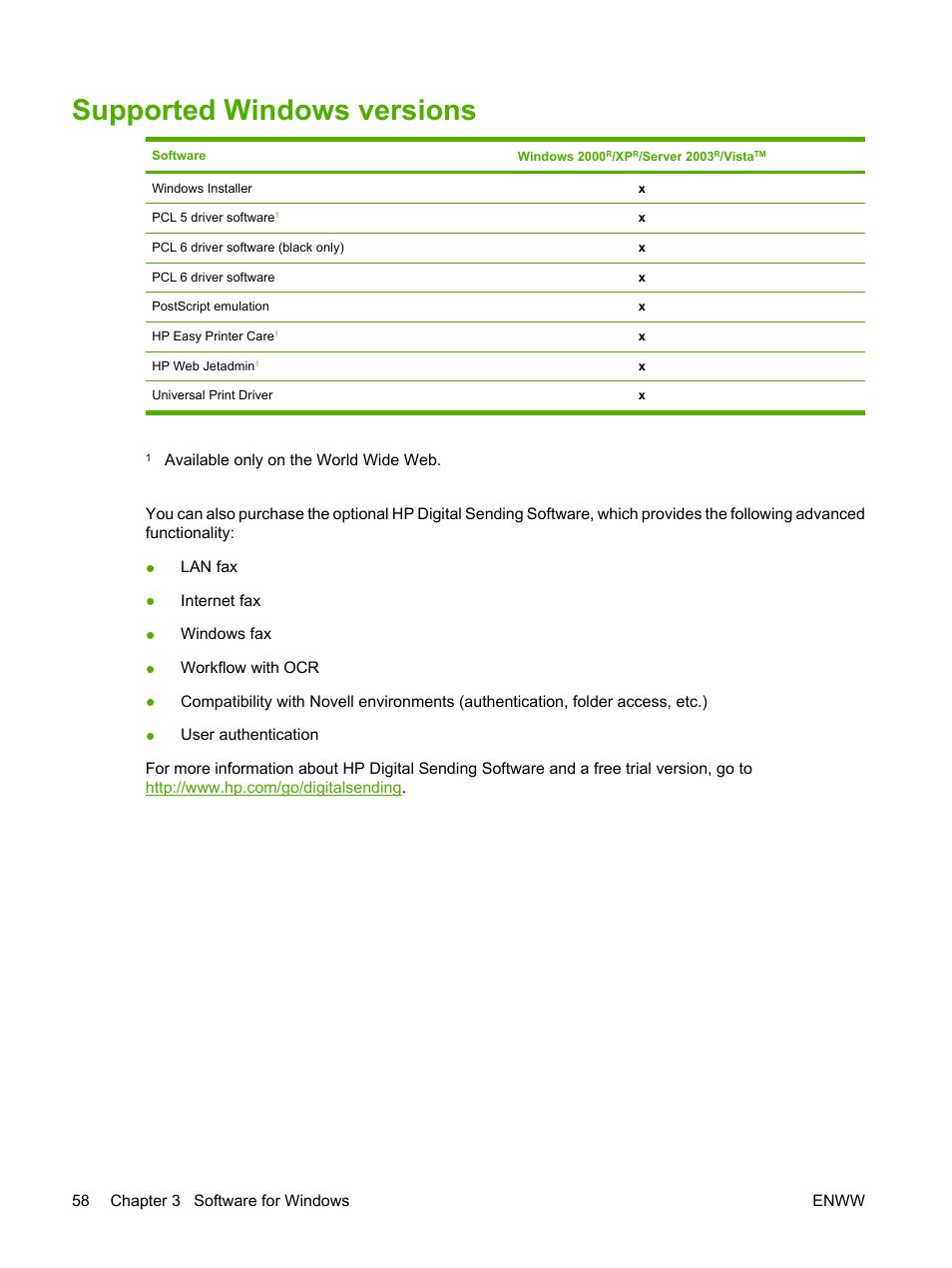 Supported windows versions | HP Color LaserJet CM4730 Multifunction Printer series User Manual | Page 74 / 370