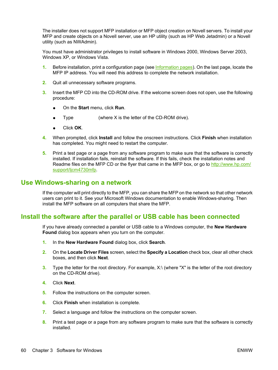 Use windows-sharing on a network | HP Color LaserJet CM4730 Multifunction Printer series User Manual | Page 76 / 370