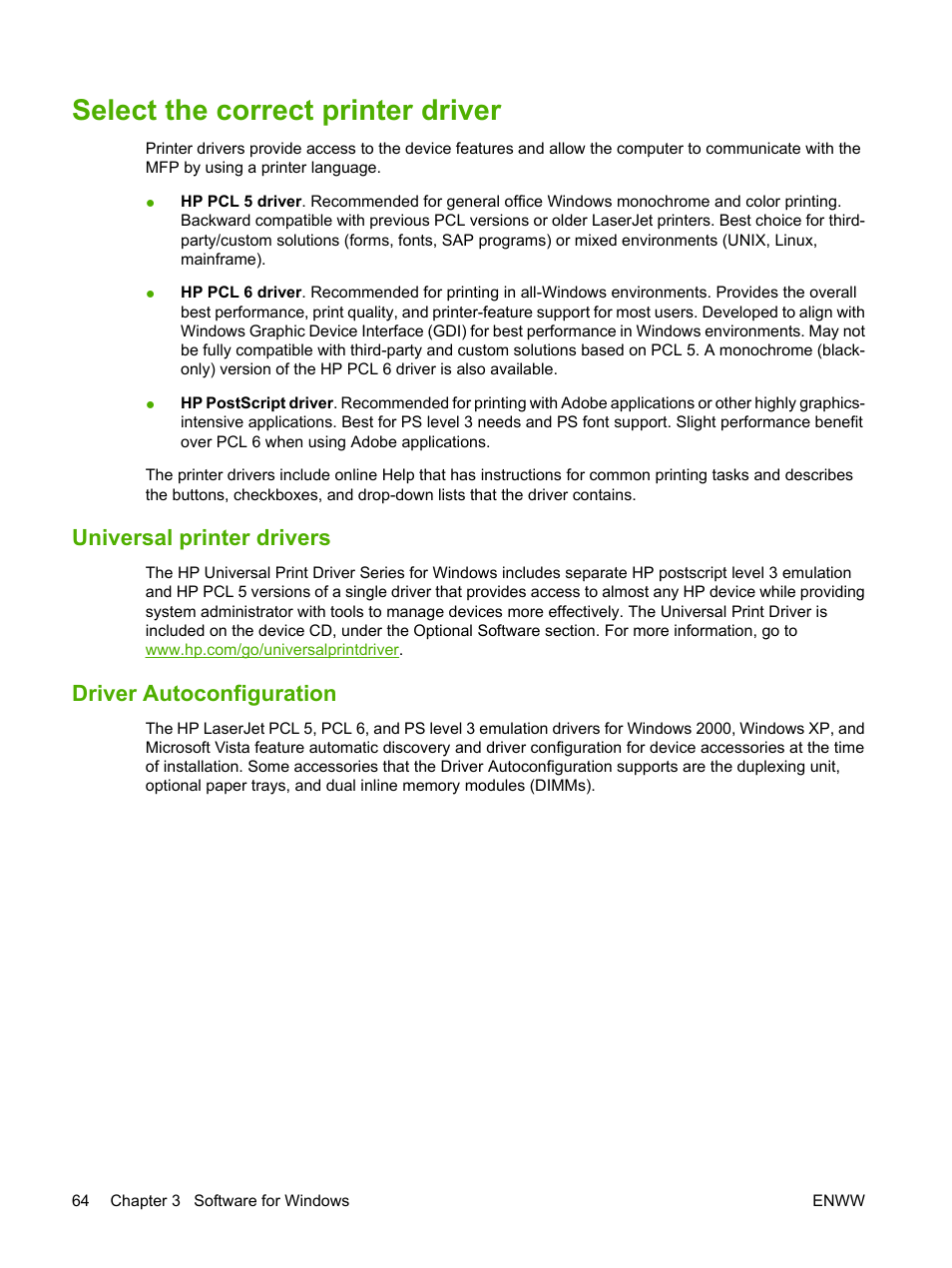 Select the correct printer driver, Universal printer drivers, Driver autoconfiguration | Universal printer drivers driver autoconfiguration | HP Color LaserJet CM4730 Multifunction Printer series User Manual | Page 80 / 370