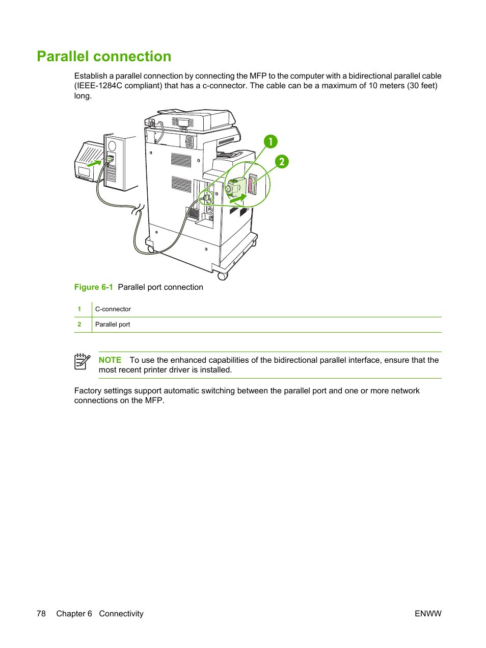 Parallel connection | HP Color LaserJet CM4730 Multifunction Printer series User Manual | Page 94 / 370