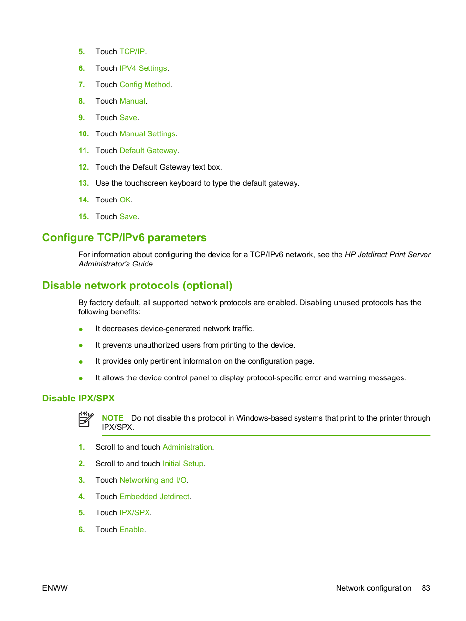 Configure tcp/ipv6 parameters, Disable network protocols (optional), Disable ipx/spx | HP Color LaserJet CM4730 Multifunction Printer series User Manual | Page 99 / 370