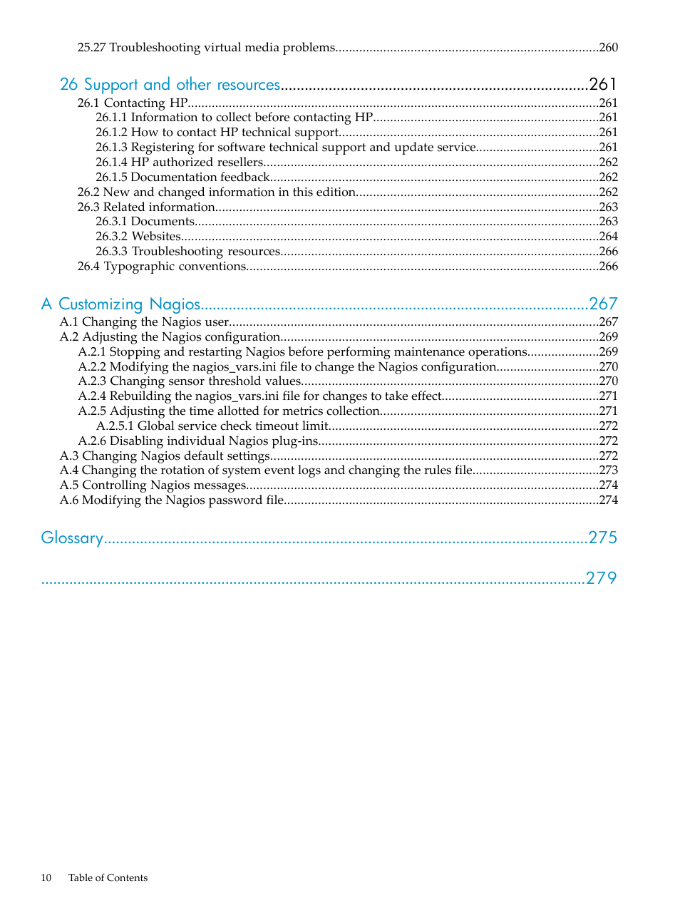 26 support and other resources, A customizing nagios, Glossary | HP Insight Control Software for Linux User Manual | Page 10 / 288