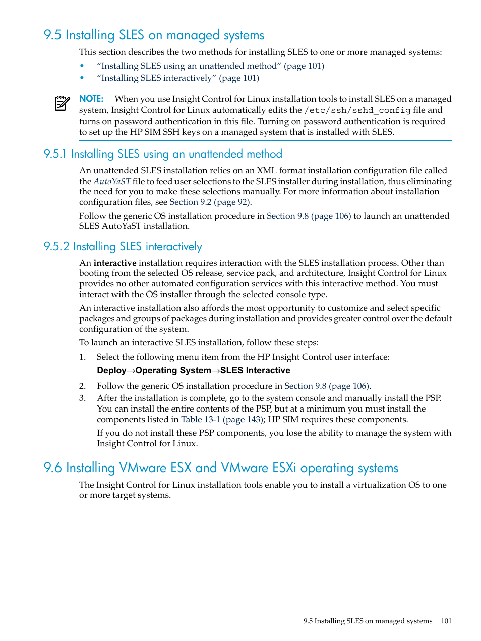 5 installing sles on managed systems, 1 installing sles using an unattended method, 2 installing sles interactively | HP Insight Control Software for Linux User Manual | Page 101 / 288