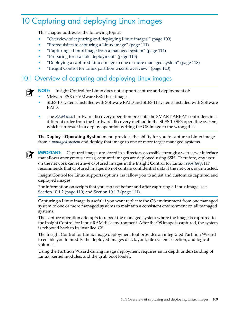 10 capturing and deploying linux images, 1 overview of capturing and deploying linux images | HP Insight Control Software for Linux User Manual | Page 109 / 288