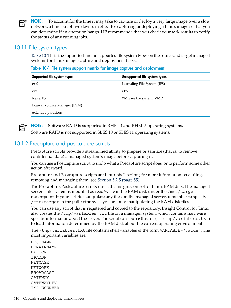 1 file system types, 2 precapture and postcapture scripts | HP Insight Control Software for Linux User Manual | Page 110 / 288