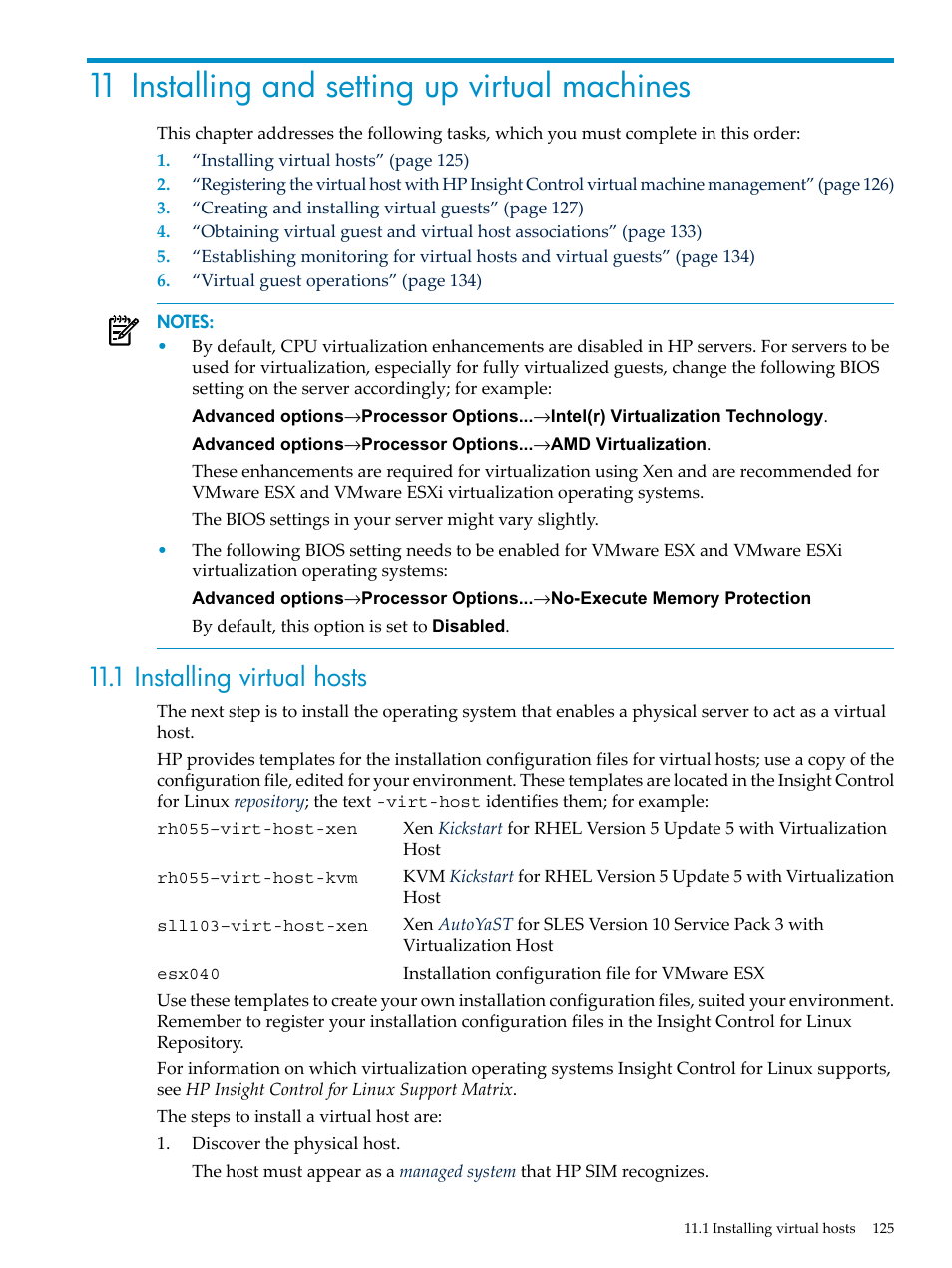 11 installing and setting up virtual machines, 1 installing virtual hosts | HP Insight Control Software for Linux User Manual | Page 125 / 288