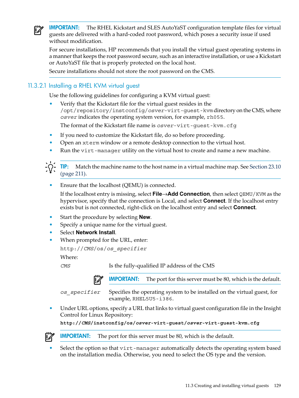 1 installing a rhel kvm virtual guest | HP Insight Control Software for Linux User Manual | Page 129 / 288