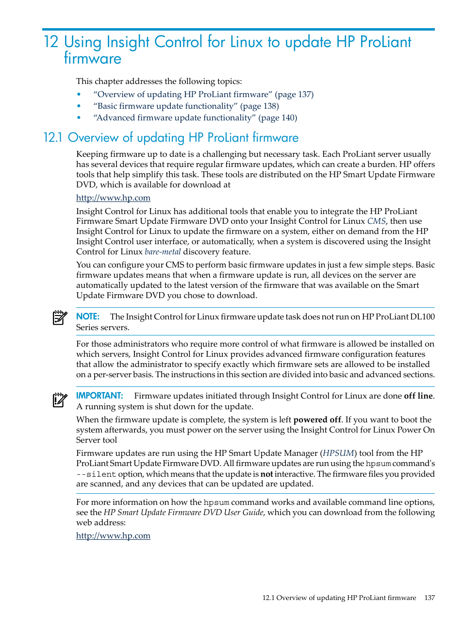 1 overview of updating hp proliant firmware | HP Insight Control Software for Linux User Manual | Page 137 / 288