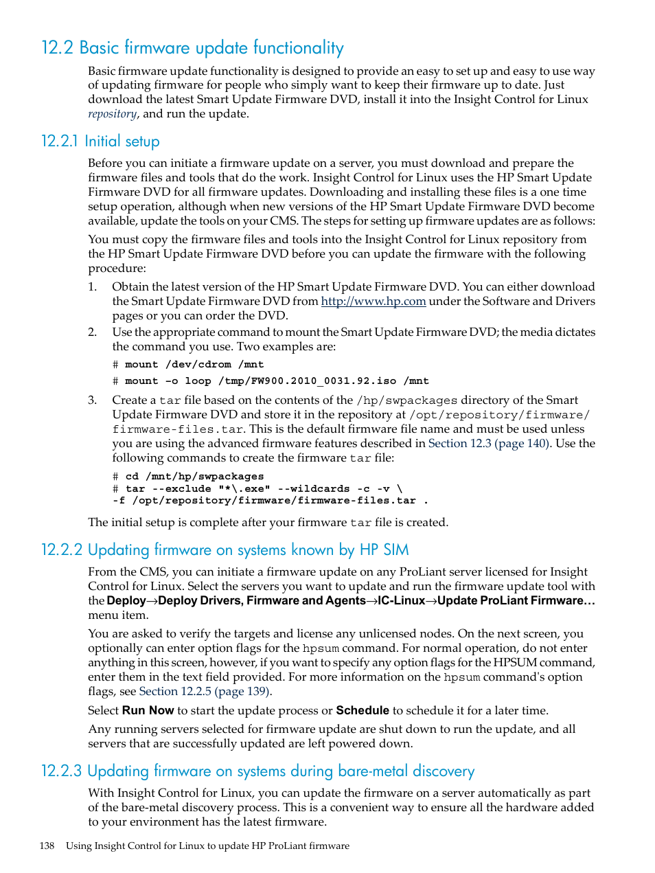 2 basic firmware update functionality, 1 initial setup, 2 updating firmware on systems known by hp sim | HP Insight Control Software for Linux User Manual | Page 138 / 288