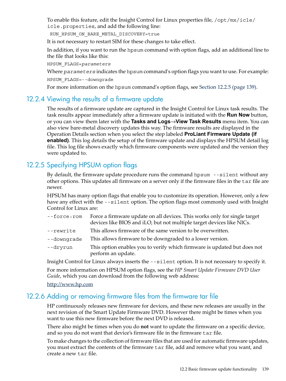 4 viewing the results of a firmware update, 5 specifying hpsum option flags | HP Insight Control Software for Linux User Manual | Page 139 / 288