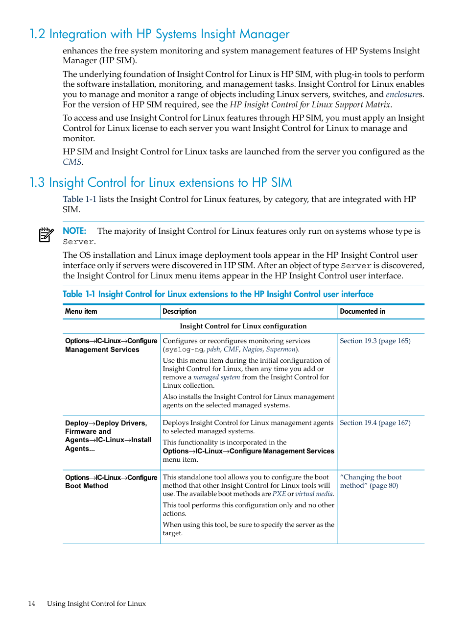 2 integration with hp systems insight manager, 3 insight control for linux extensions to hp sim | HP Insight Control Software for Linux User Manual | Page 14 / 288