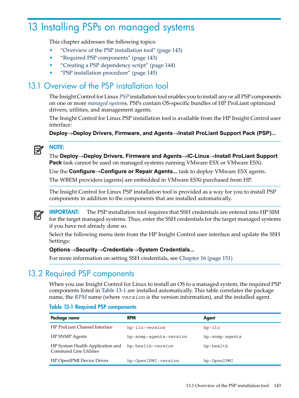 13 installing psps on managed systems, 1 overview of the psp installation tool, 2 required psp components | HP Insight Control Software for Linux User Manual | Page 143 / 288