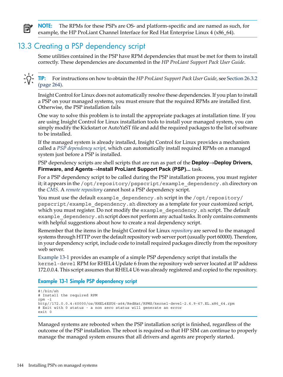 3 creating a psp dependency script | HP Insight Control Software for Linux User Manual | Page 144 / 288