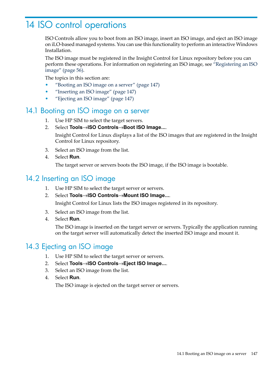 14 iso control operations, 1 booting an iso image on a server, 2 inserting an iso image | 3 ejecting an iso image | HP Insight Control Software for Linux User Manual | Page 147 / 288