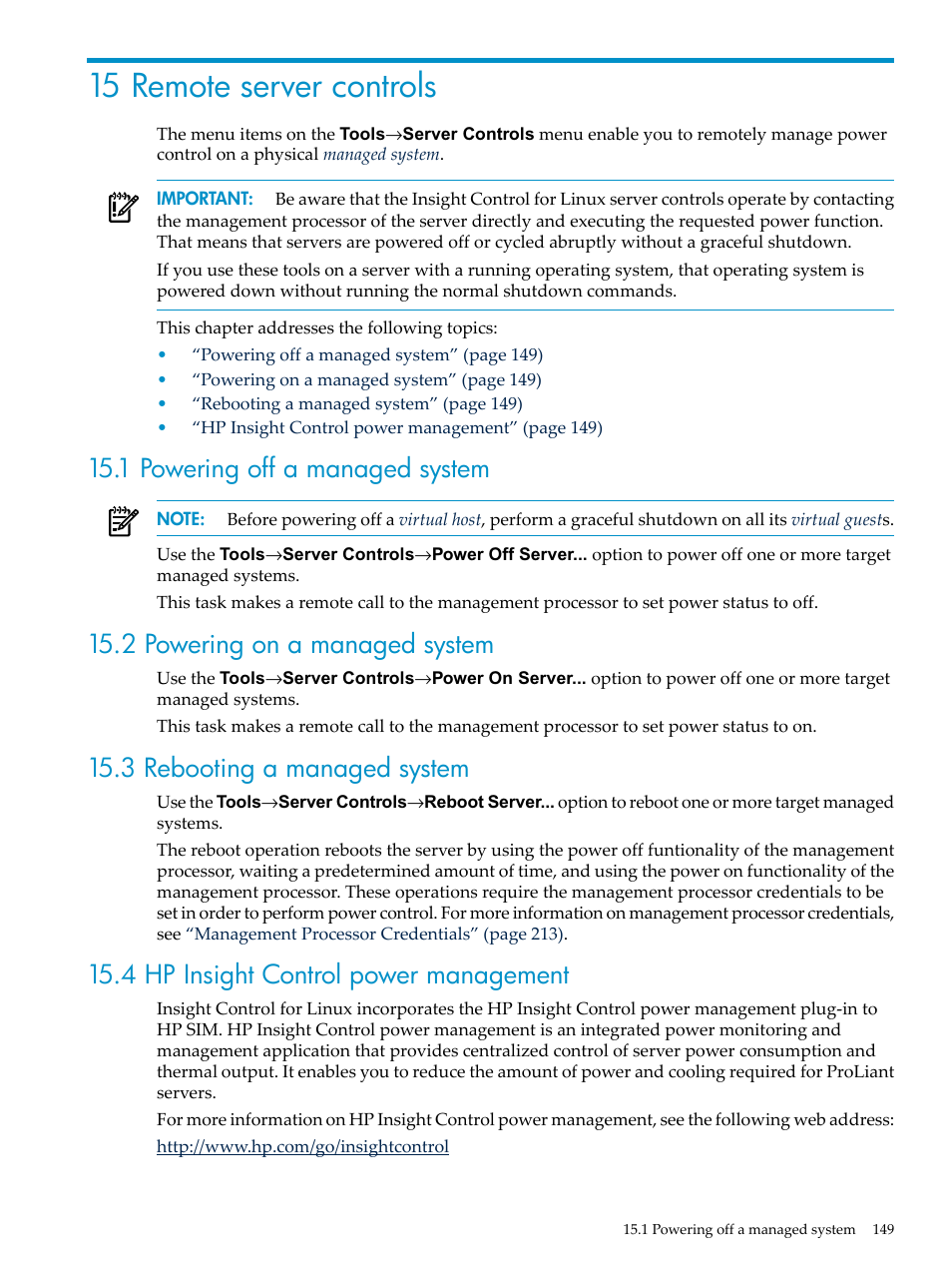 15 remote server controls, 1 powering off a managed system, 2 powering on a managed system | 3 rebooting a managed system, 4 hp insight control power management | HP Insight Control Software for Linux User Manual | Page 149 / 288