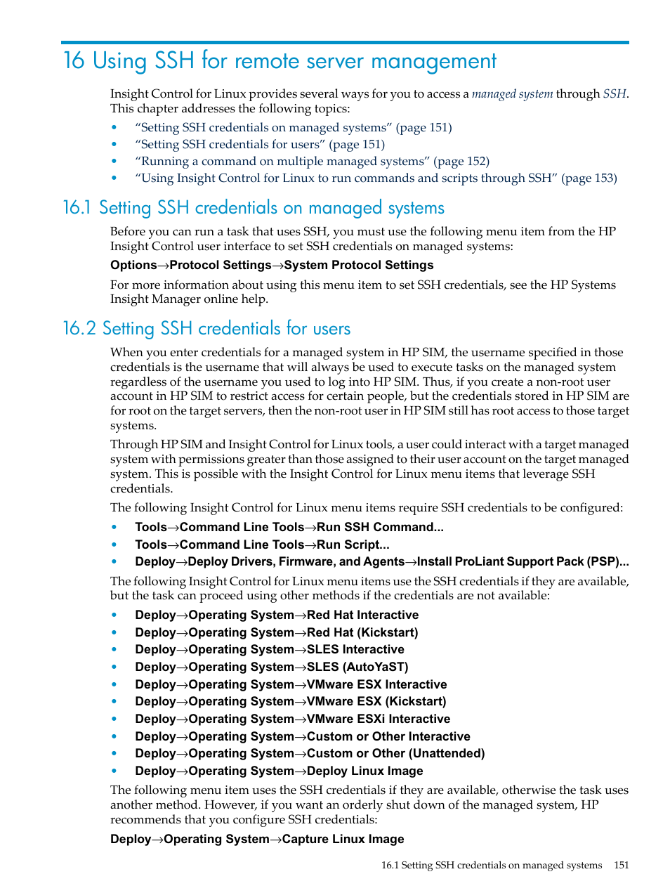 16 using ssh for remote server management, 1 setting ssh credentials on managed systems, 2 setting ssh credentials for users | HP Insight Control Software for Linux User Manual | Page 151 / 288