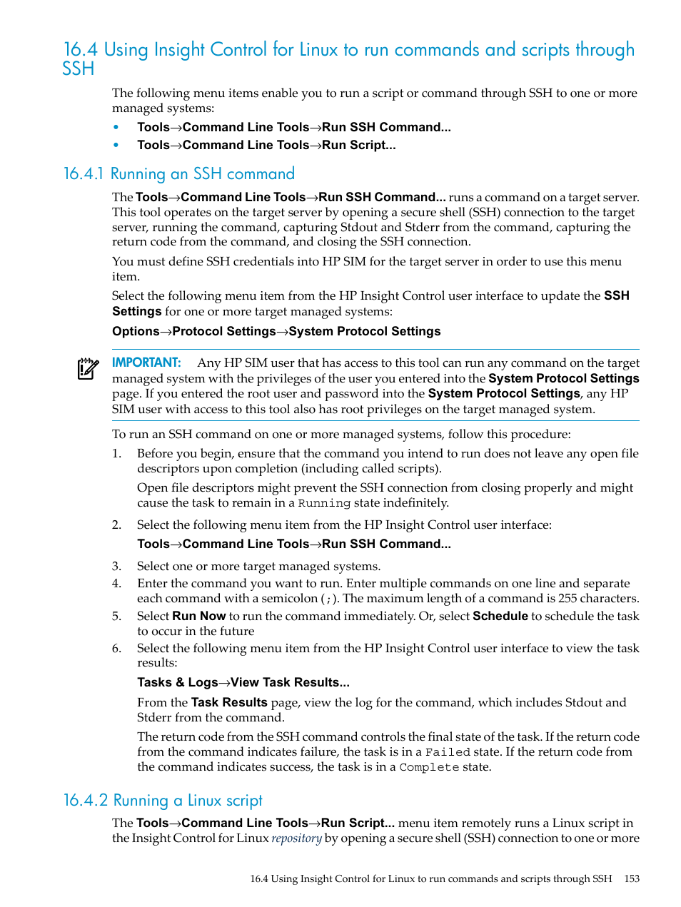 1 running an ssh command, 2 running a linux script | HP Insight Control Software for Linux User Manual | Page 153 / 288